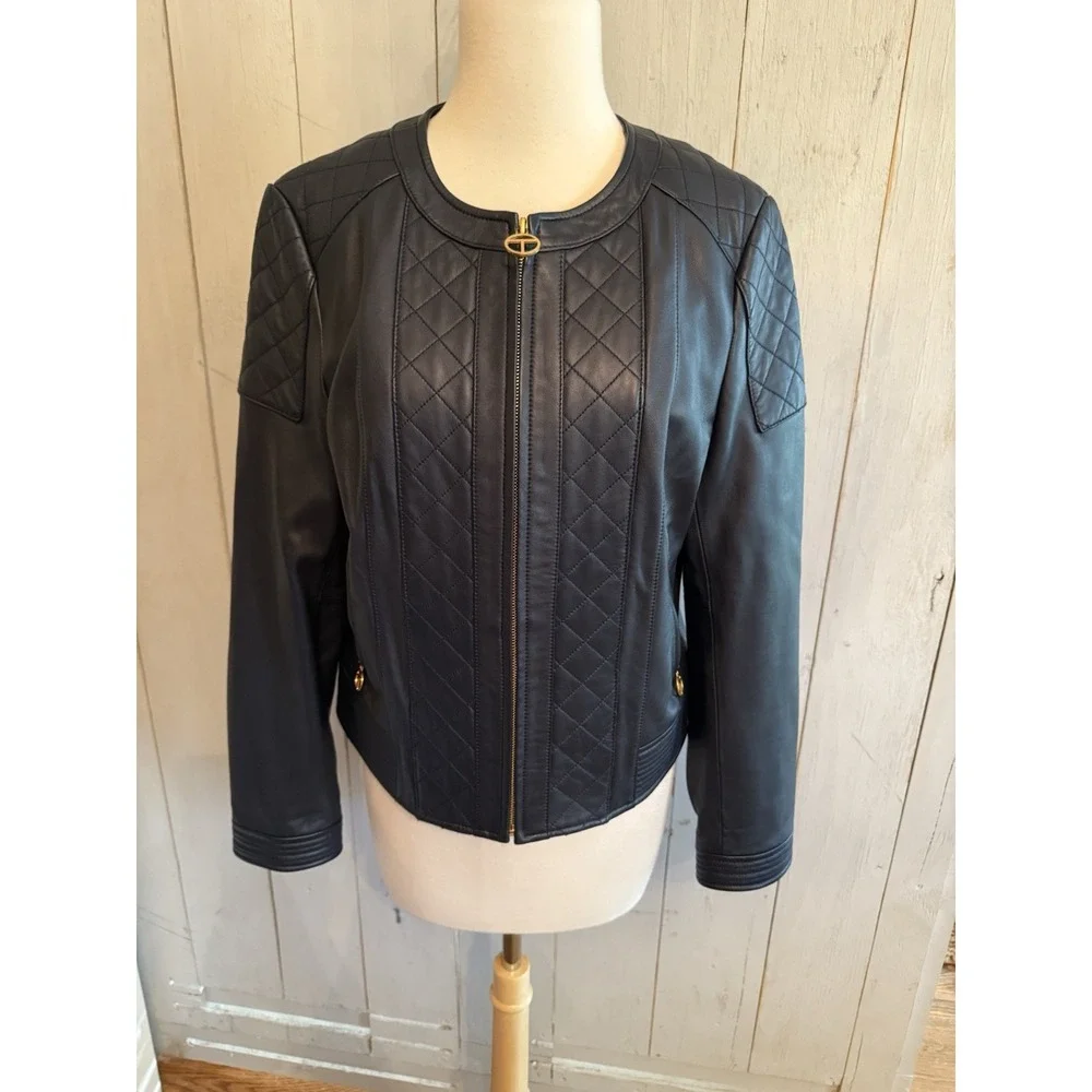 Tory‎ Burch Ryder Leather Jacket Soft Moto Gold Zip Sz-Lg Dark Navy NEW Rt 998$